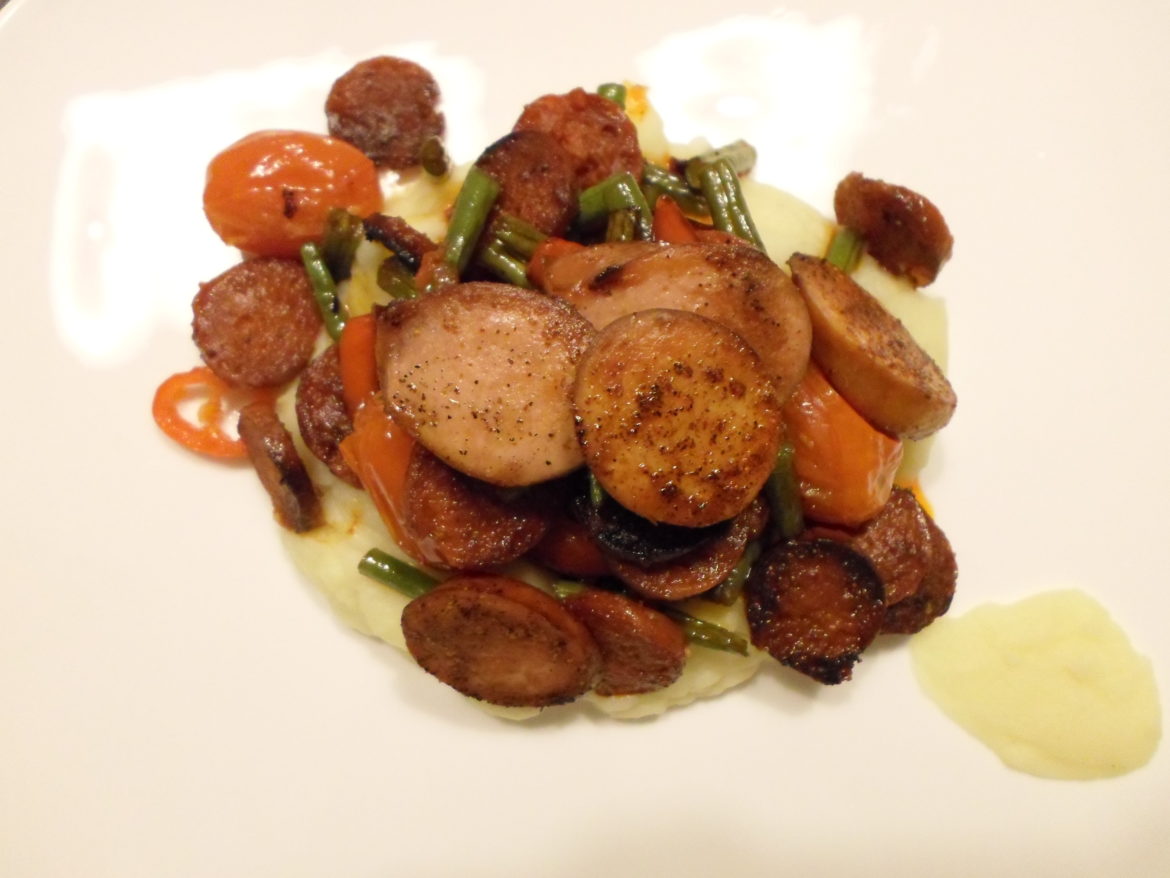gegrilde roookworst en chorizo stamppot